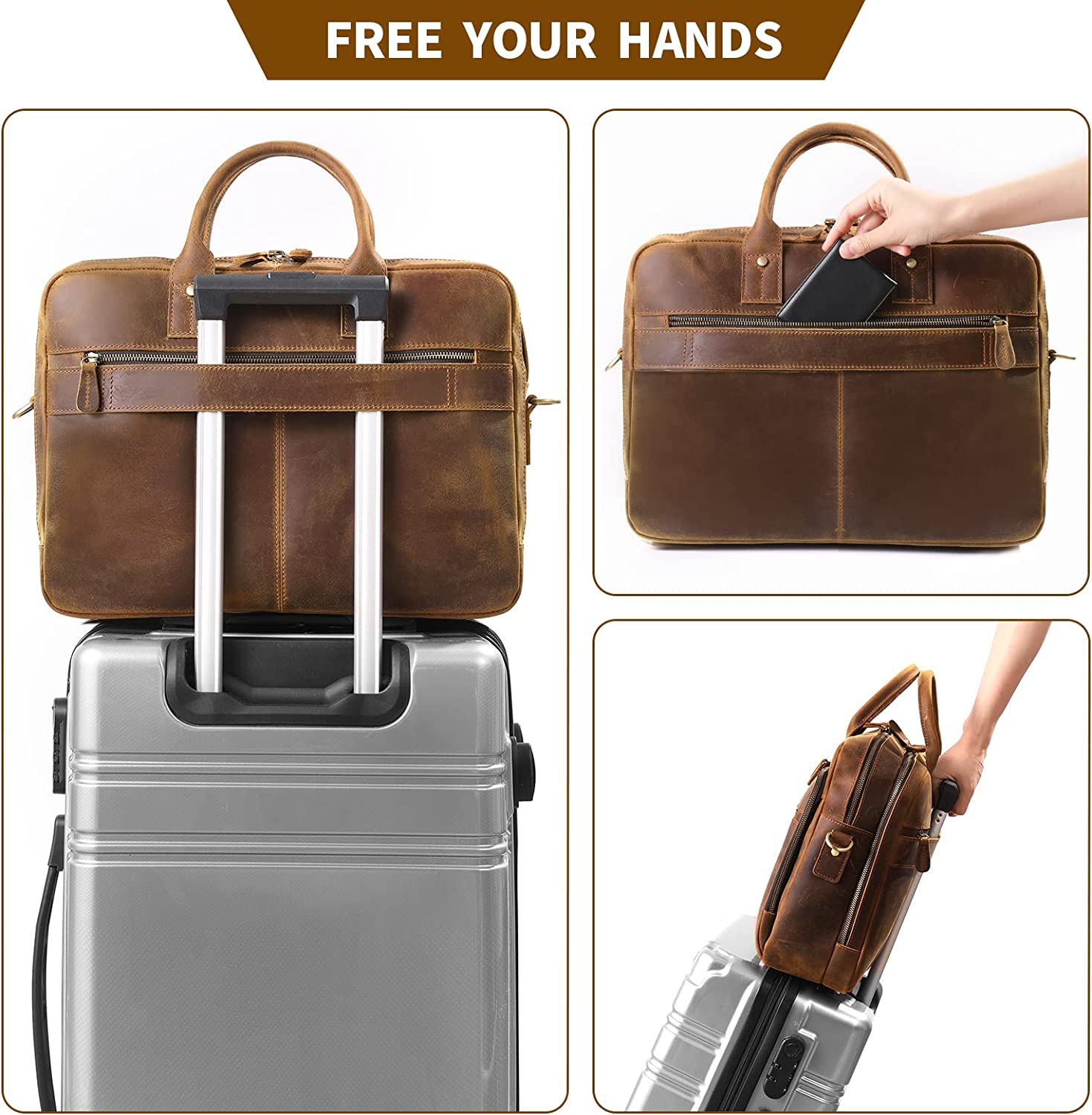 Ringsun Leather Briefcase for Men Large Satchel Bags, Mens Business Travel Case Messenger Bag, Fits 15.6" Leather Laptop Bag - Image 6